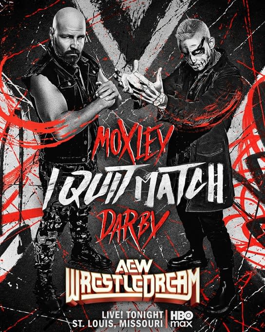An illustration depicting two wrestlers, Moxley and Darby, posed dramatically for an I Quit match. The background features bold red streaks and the text 'AEW WrestleDream'.