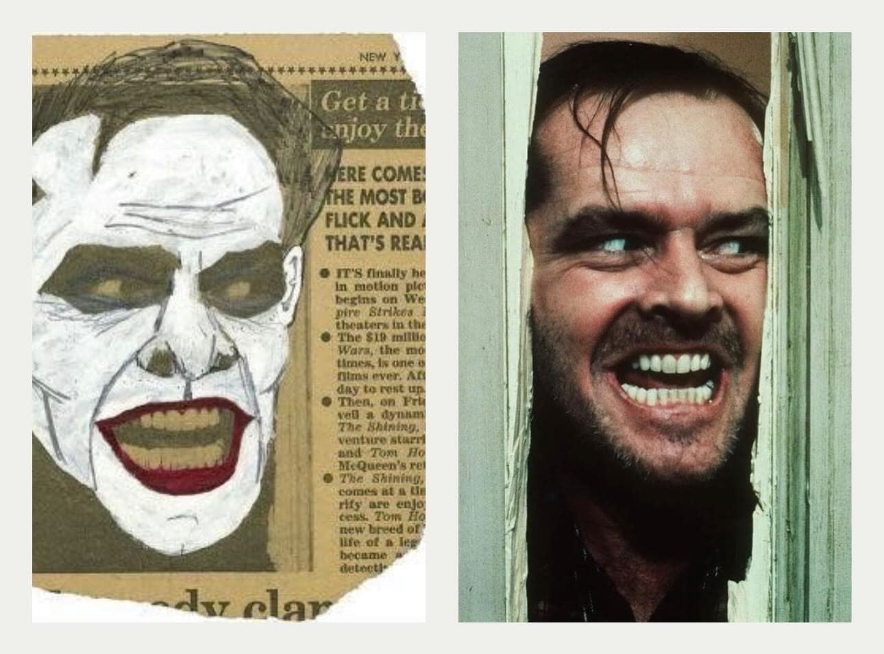 Michael Ulsan's retouched newspaper image, and The Shining (1980) PR/poster image featuring Jack Nicholson © Warner Bros.