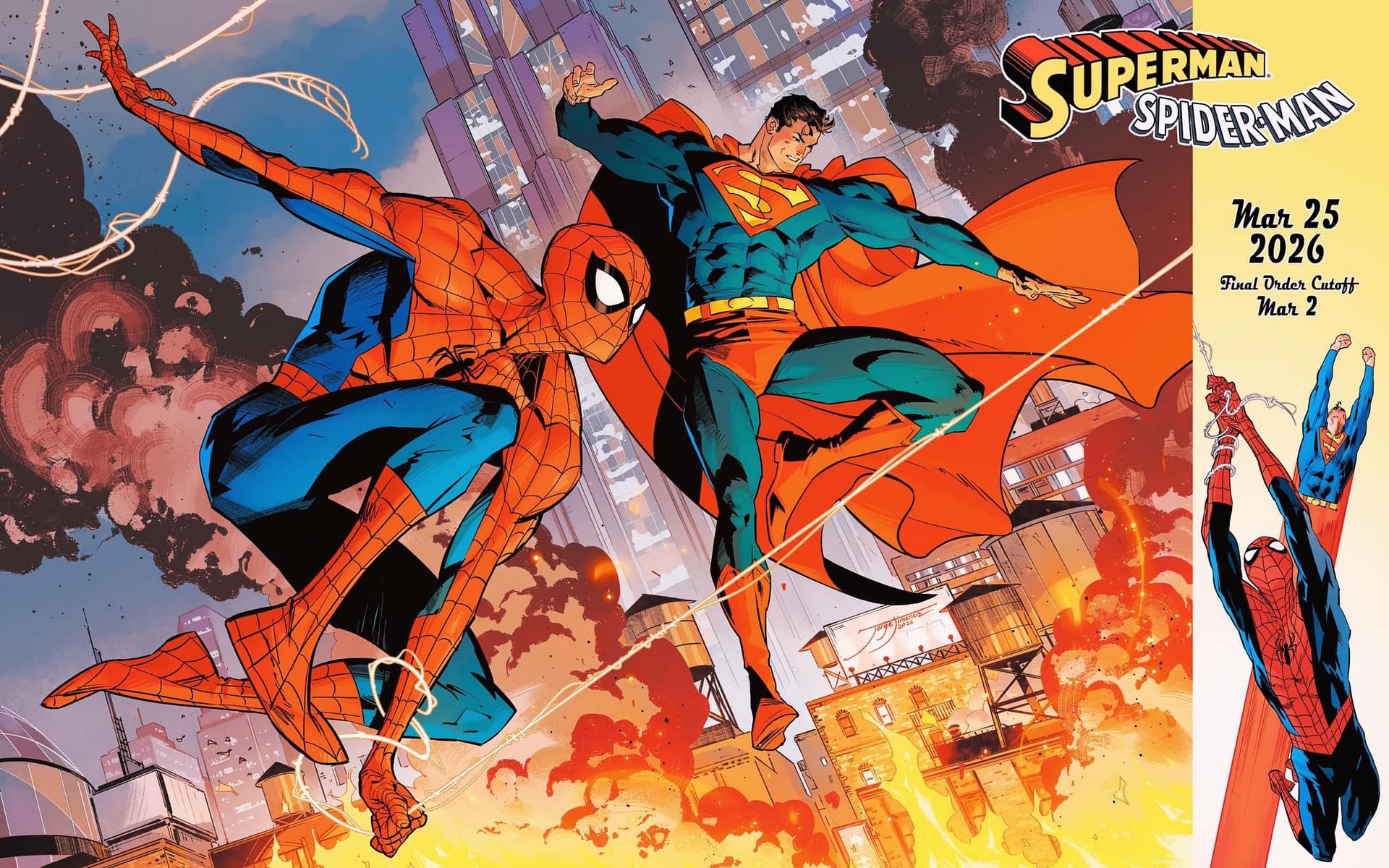 Superman/Spider-Man #1 wraparound variant by Jorge Jiménez and Tomeu Morey, featuring Superman and Spider-Man