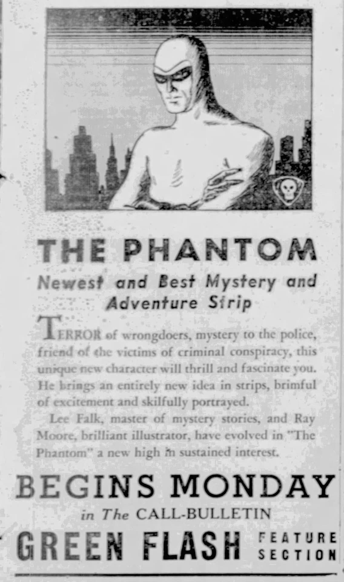 The Phantom promo from the San Francisco Call Bulletin, February 15, 1936.