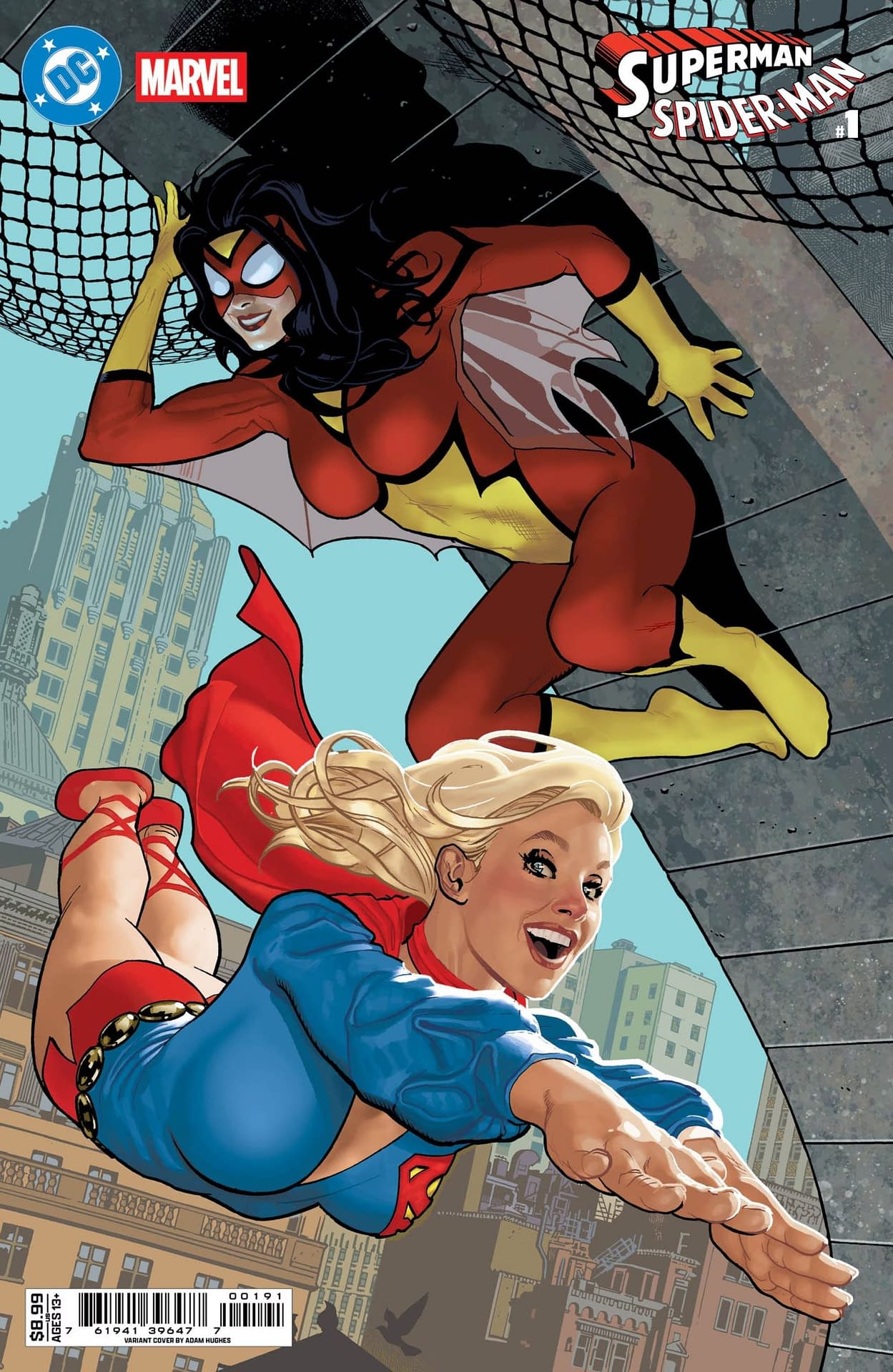 Superman/Spider-Man #1 variant by Adam Hughes, featuring '70s Supergirl and '70s Jessica Drew as Spider-Woman