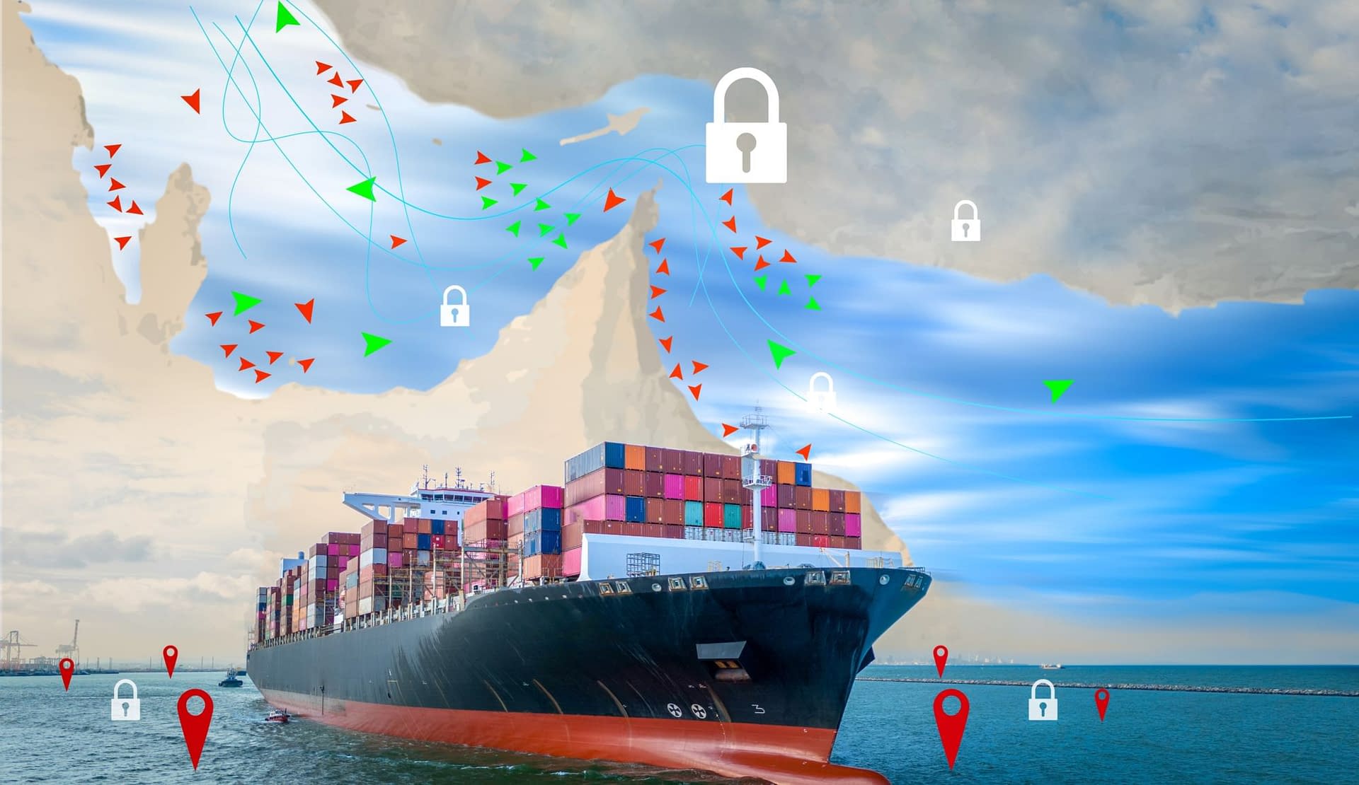 A large container ship with colorful cargo is depicted in a maritime scene, featuring graphics of locks and arrows indicating blocked shipping routes. The background suggests a geopolitical crisis affecting global trade.