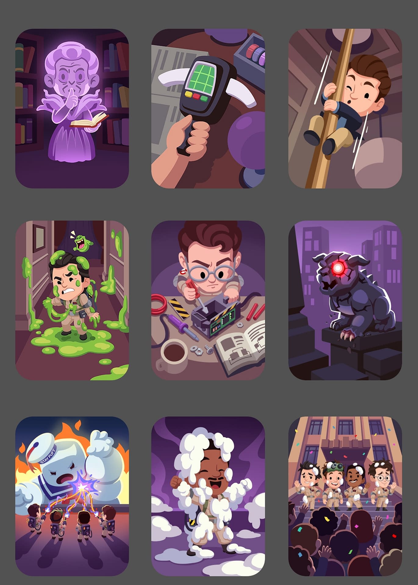 Grid of nine Ghostbusters-themed MONOPOLY GO sticker illustrations, including Slimer, the Ecto-1 team, and Stay Puft