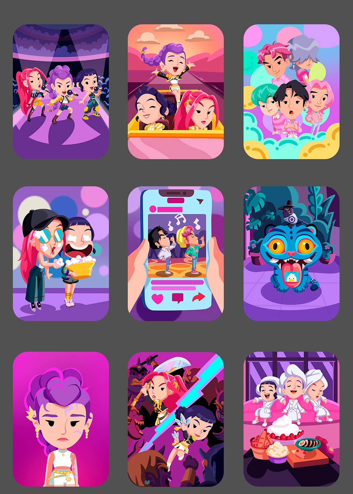 Grid of nine HUNTR/X-themed MONOPOLY GO sticker illustrations showing the group performing, touring, and training