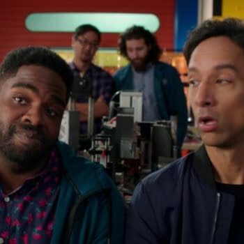 Danny Pudi And Ron Funchess From Powerless Pit Blue Beetle Vs The Elongated Man