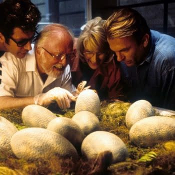 Jeff Goldblum, Richard Attenborough, Laura Dern, and Sam Neill in Jurassic Park (1993). Image courtesy of Universal Pictures