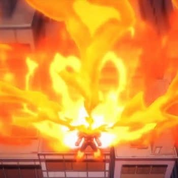 Endeavor battles Nomu on My Hero Academia, courtesy of Funimation.