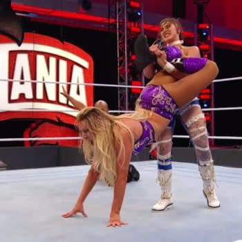 Charlotte Flair and Rhea Ripley at WrestleMania 36