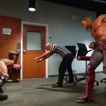 Edge and Randy Orton battle nackstage at WrestleMania.