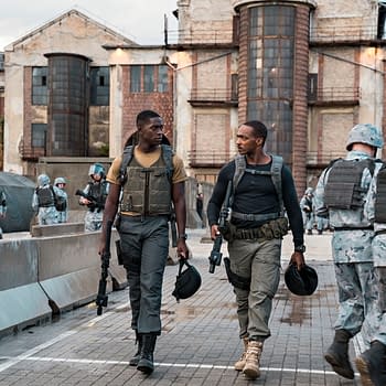 OUTSIDE THE WIRE, Damson Idris as Harp, Anthony Mackie as Leo, in OUTSIDE THE WIRE. Cr. Jonathan Prime/NETFLIX © 2020