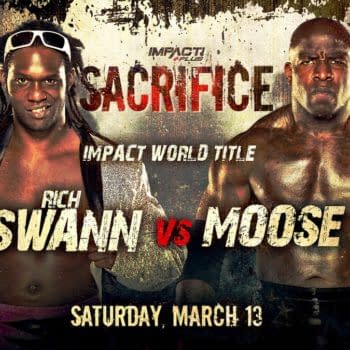 Match graphic for Rich Swann vs. Moose at Impact Sacrifice on March 13th.