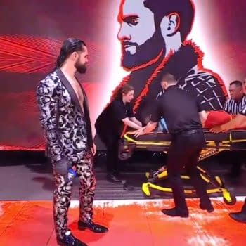 Seth Rollins heads to the ring on WWE Smackdown as Big E is stretchered backstage.