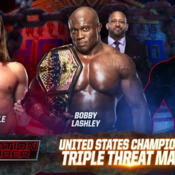 Elimination Chamber match graphic for Bobby Lashley vs. Riddle vs. a mystery person who turned out to be John Morrison for the United States Championship.
