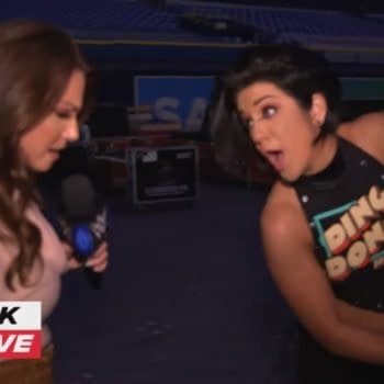Bayley rips off Kenny Omega's gimmick backstage at Smackdown. My god, comrades! They rip off everything! Haw haw haw haw!
