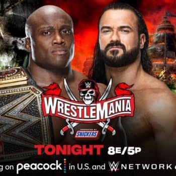 Bobby Lashley will defend the WWE Championship against Drew McIntyre at WrestleMania Night 1 tonight. [Match graphic: WWE.]