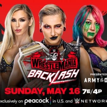 WWE WrestleMania Backlash match graphic: Rhea Ripley vs. Asuka vs. Charlotte Flair for the Raw Women's Championship