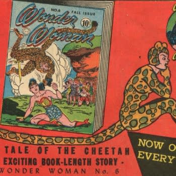 House Ad for Wonder Woman #6 featuring Cheetah from Sensation Comics #22, DC Comics 1943.