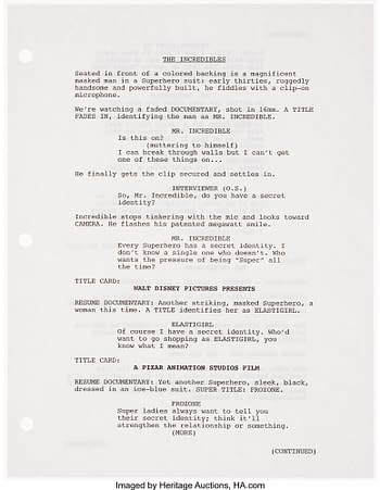 Original script from The Incredibles.  Credit: Heritage Auctions