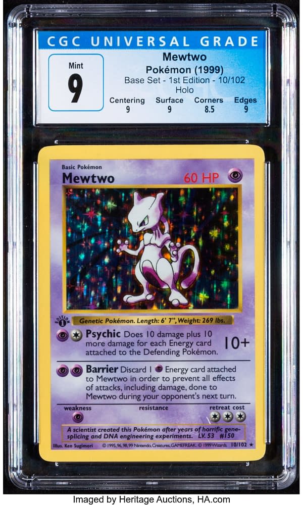 Pirmojo leidimo bazinio rinkinio „Mewtwo“ kopijos iš „Pokémon TCG“ priekinis paviršius.  Šiuo metu galima įsigyti aukcione Heritage Auctions svetainėje.