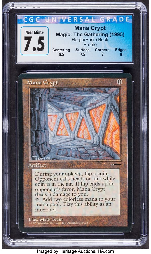 The front face of the graded copy of Mana Crypt from the Harper Collins book promotions for Magic: The Gathering. Currently available at auction on Heritage Auctions' website.