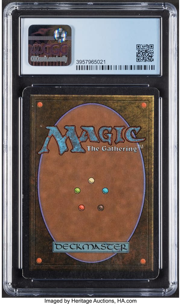 The back side of the Chaos Orb scaled copy of Unlimited Edition, one of the first base sets for Magic: The Gathering.  Currently available for auction on the Heritage Auctions website.