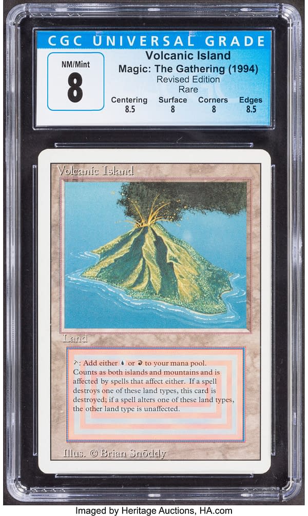 The front face of the graded copy of Volcanic Island from Magic: The Gathering's Revised Edition. Currently available at auction on Heritage Auctions' website.