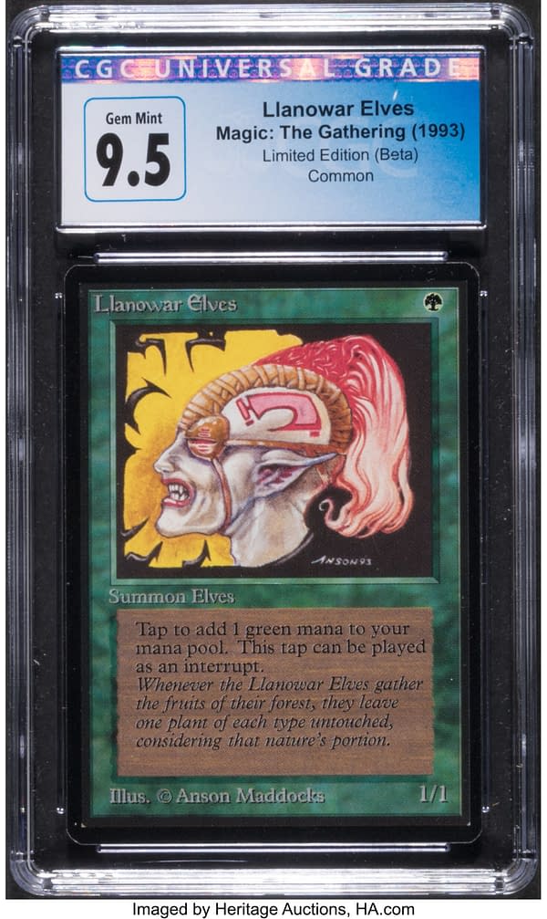 The front face of the graded Llanowar Elves, from Limited Edition Beta, a set from the earliest days of Magic: The Gathering. Currently available at auction on Heritage Auctions' website.
