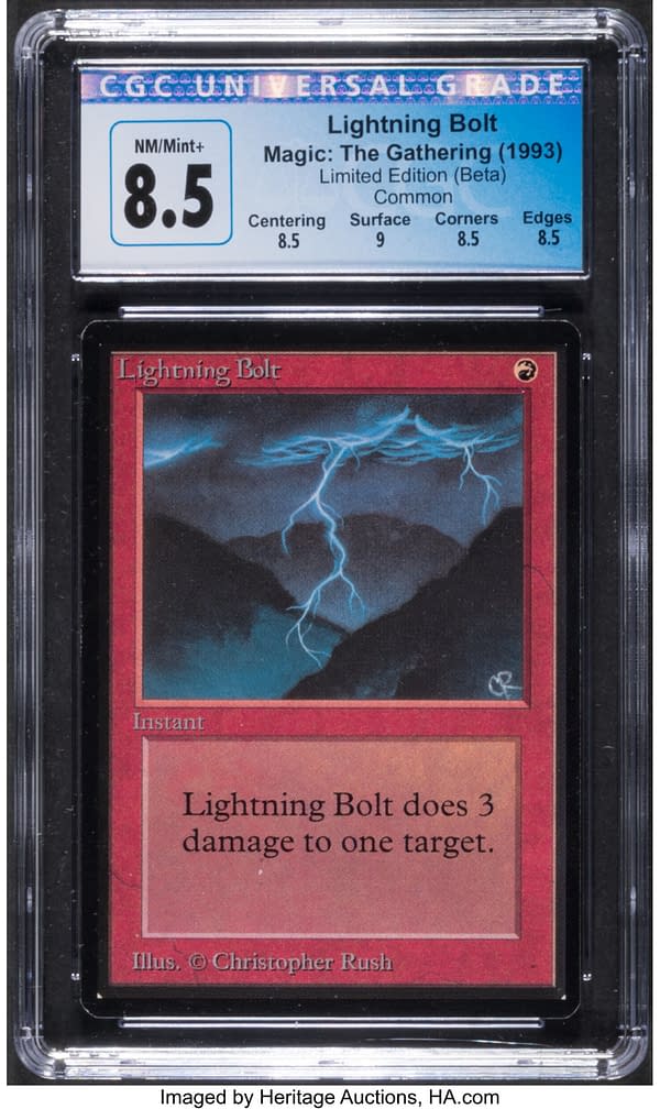 The front of the Graduated Lightning Bolt, from the Limited Edition Beta, a set from the early days of Magic: The Gathering.  Currently available for auction on the Heritage Auctions website.