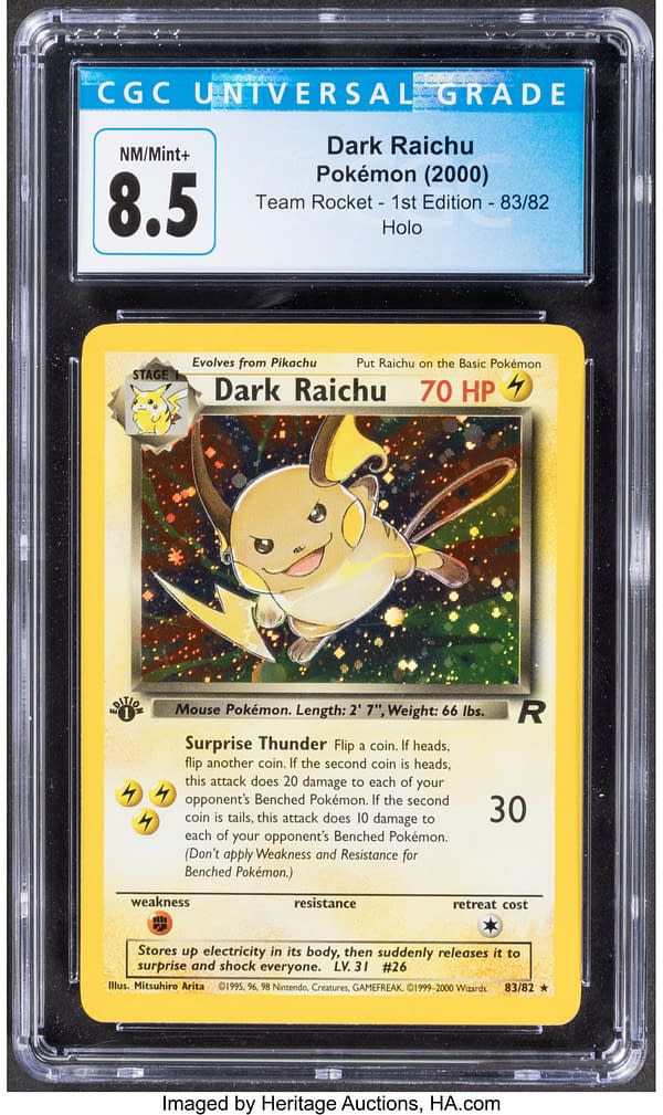 The front face of the graded 1st Edition copy of Dark Raichu from the Rocket expansion of the Pokémon TCG. Currently available at auction on Heritage Auctions' website.