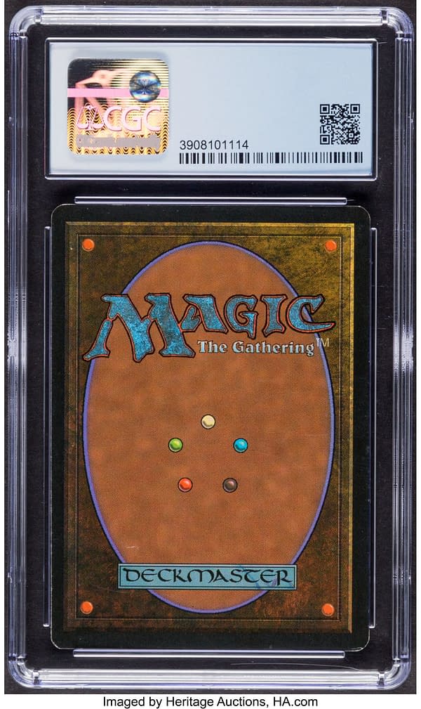 The back face of the graded copy of Mana Crypt from the Harper Collins book promotions for Magic: The Gathering. Currently available at auction on Heritage Auctions' website.