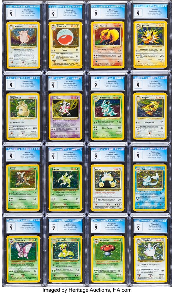 The front faces of the collection of graded, misprinted Pokémon TCG cards from the Jungle expansion set. Currently available at auction on Heritage Auctions' website.