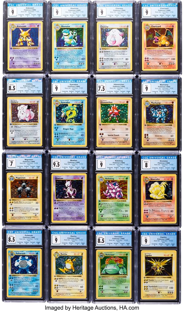 The holofoil rares from within the full set of 1st Edition Base Set Pokémon TCG cards. Currently available at auction on Heritage Auctions' website.