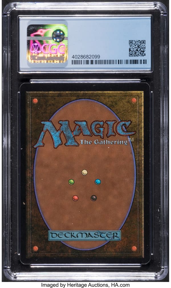 The back face of the graded Llanowar Elves, from Limited Edition Beta, a set from the earliest days of Magic: The Gathering. Currently available at auction on Heritage Auctions' website.