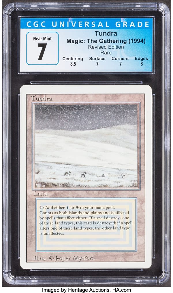 The front face of the graded copy of Tundra from Magic: The Gathering's Revised Edition. Currently available at auction on Heritage Auctions' website.