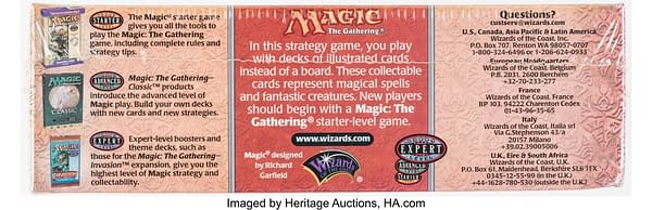 The back side of the Invasion Booster Box, an expansion set for Magic: The Gathering.  Currently available for auction on the Heritage Auctions website.