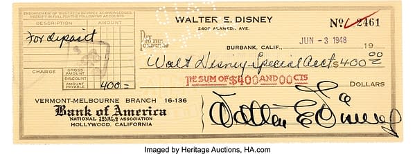Walt Disney Signed Check from Heritage Auction House.