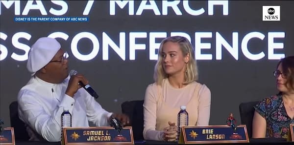 Samuel L. Jackson, Brie Larson, and cast talk about "Captain Marvel" in press conference in Singapore. Credit: ABC