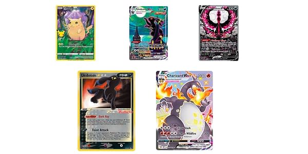 Celebrations Pikachu, Evolving Skies Umbreon, Chilling Reign Moltres, Classic Collection Umbreon, & Shining Fates Charizard VMAX. Credit: Pokémon TCG
