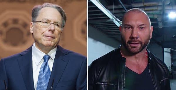Dave Bautista has no love for NRA head Wayne LaPierre. Photo of the lizard person on the left: Christopher Halloran / Shutterstock.com