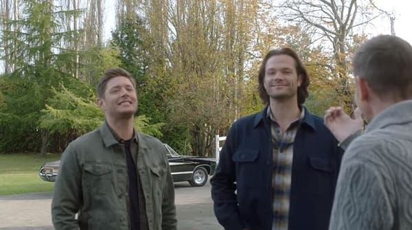 Jensen Ackles and Jared Padalecki crack up on the set of Supernatural, courtesy of Shaving People Punting Things.