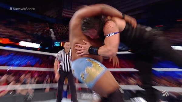 Roman Reigns spears Keith Lee at WWE Survivor Series in 2019.