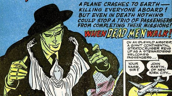 Phantom Stranger #1 title splash for "When Dead Men Walk", art by Carmine Infantino, DC Comics 1952.