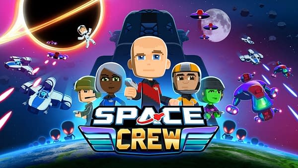 The key art of Space Crew, the sequel to the indie simulation game Bomber Crew.  Developed by Runner Duck and published by Curve Digital.