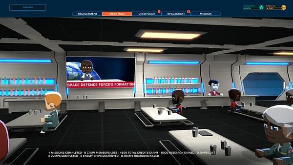 A screenshot from the indie simulation game Space Crew showing the space station mess.  Developed by Runner Duck and published by Curve Digital.