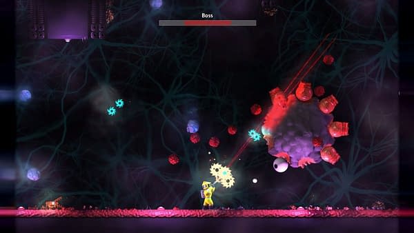 Another screenshot from indie game Weapon Hacker, wherein the main character is fighting an alien boss monster.