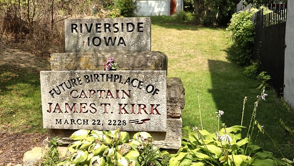 Riverside, Iowa/USA - 09/10/2020 - Marker commemorating the future birth place of the fictional Star Trek character James T Kirk, the captain of the starship Enterprise (Berns Images/Shutterstock.com)