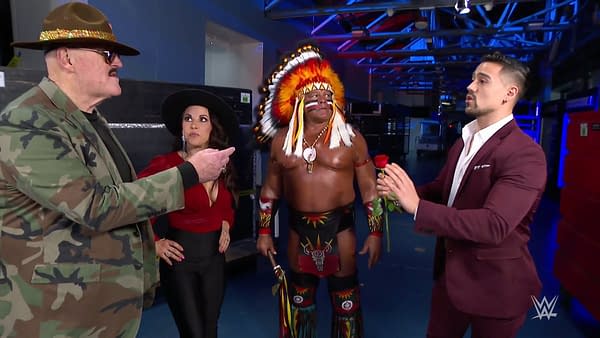 Mickie James appears with WWE legends Sgt. Slaughter and Tatanka in a segment with Angel Garza on Raw Legends night.