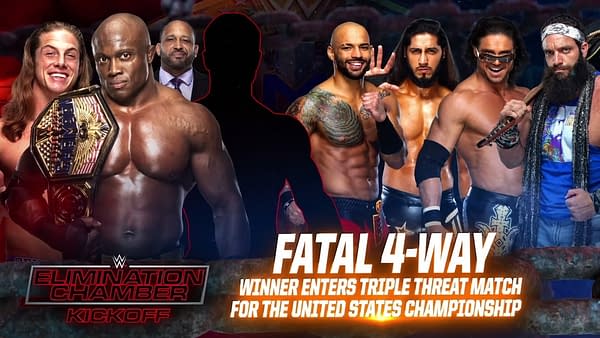 Match graphic for the Fatal 4-Way to decide the replacement for Keith Lee at Elimination Chamber.