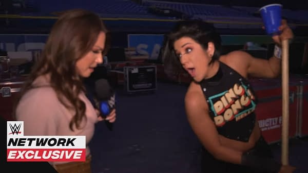 Bayley rips off Kenny Omega's gimmick backstage at Smackdown. My god, comrades! They rip off everything! Haw haw haw haw!