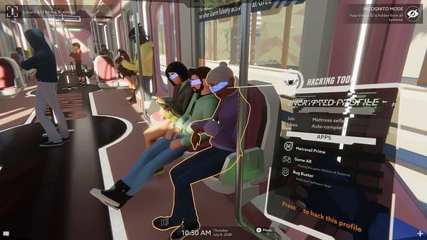 A screenshot from the new trailer for Operation: Tango, in which Alister is scanning the media devices of the train's passengers in an effort to find the culprit of the collision attempt.